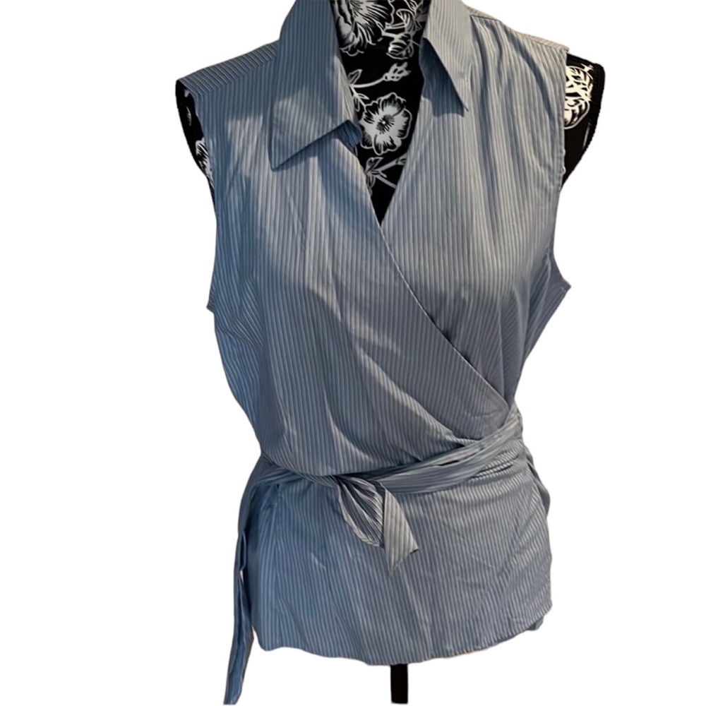 Ann Taylor size 14 blue white striped wrap shirt with collar NWOT